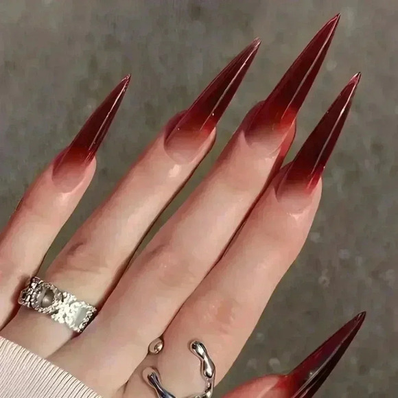 #32 24pcs Glossy Long Stiletto Press-On Nails - Wine Red Gradient with Stripe - Picture 1 of 10